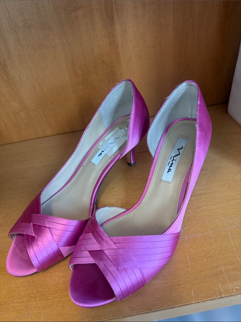 Nina Satin Open-Toe Pumps in Fuchsia Pink